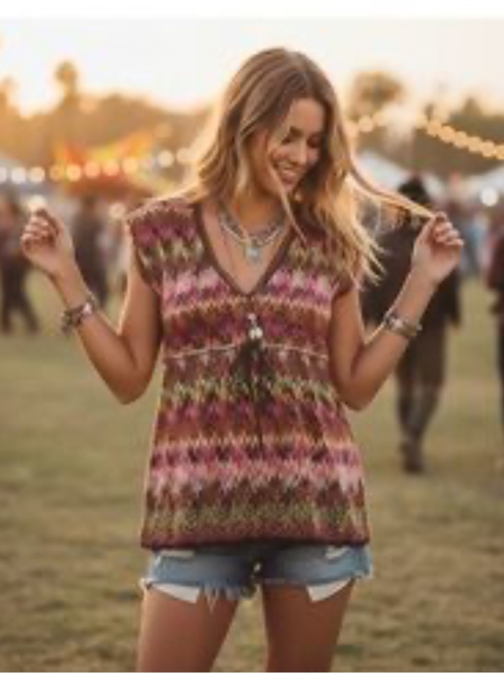 Vintage Papillon Blanc Tunic Top Pink Brown Zig Zag Empire Waist Boho Festival